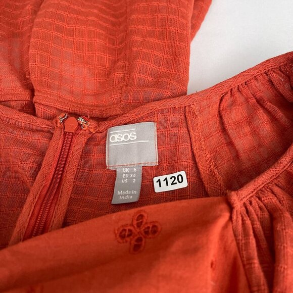 ASOS Eyelet Textured Ruched Tie Cutout Burnt Orange Puff Sleeve Playsuit Women 2 - Picture 7 of 12
